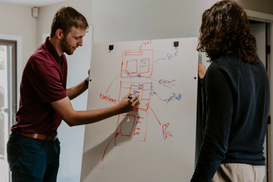 Consultant mapping a business strategy on a whiteboard