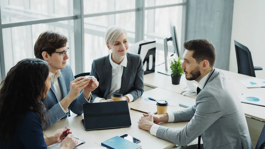 Leadership team collaborating in a modern office